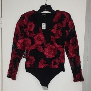 Express Red and Black Lace Floral Bodysuit